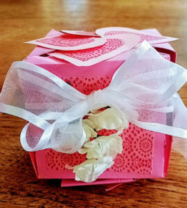 BEGINNING FEBRUARY 1ST THERE WILL BE AN ADORABLE MAKE AND TAKE AT THE STORE EVERY AFTERNOON. IT INCLUDES EVERYTHING NECESSARY TO MAKE THIS VERY CUTE VALENTINE BOX. IT IS A GOOD SIZE TO HOLD CANDY, JEWELRY, TICKETS, GIFT CARDS OR ANY OTHER ITEM YOU WANT TO PUT IN IT!