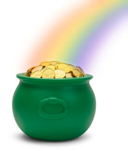 Green Pot of Gold with a Rianbow Isolated on White Background.